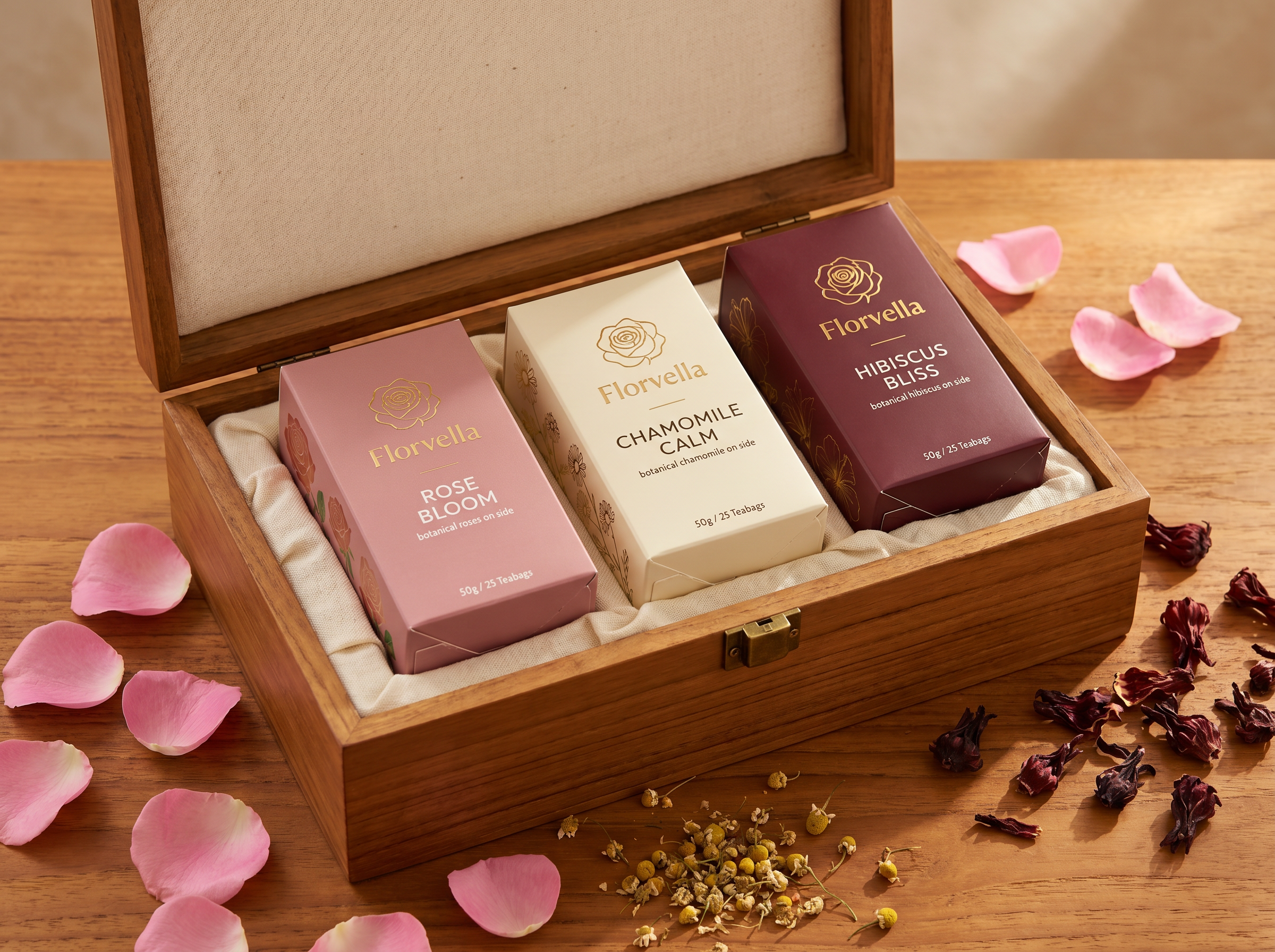 The Florvella trio gift box, lid open, three cartons inside.