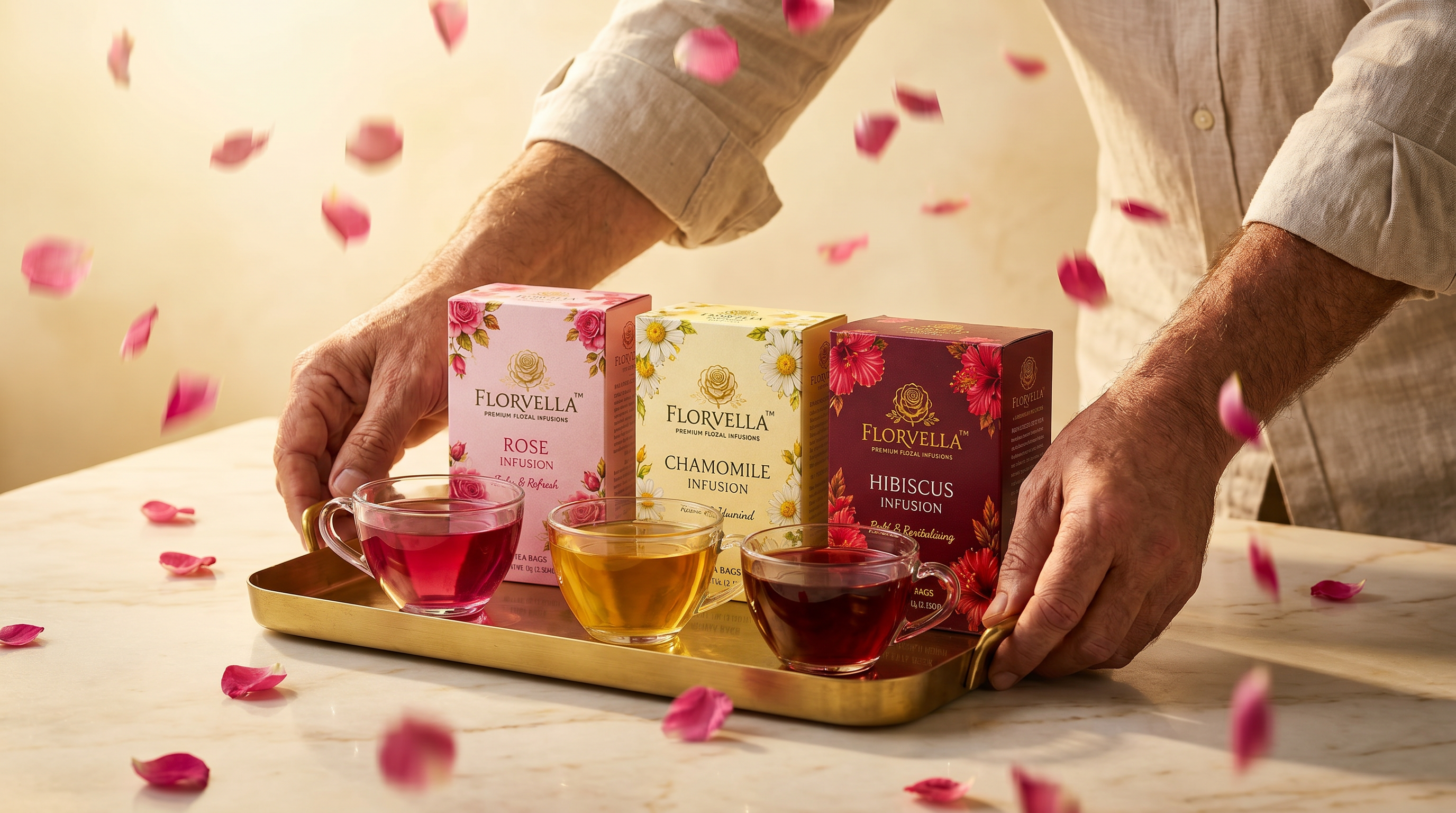 A brass tray of Florvella cartons, rose petals falling around it.